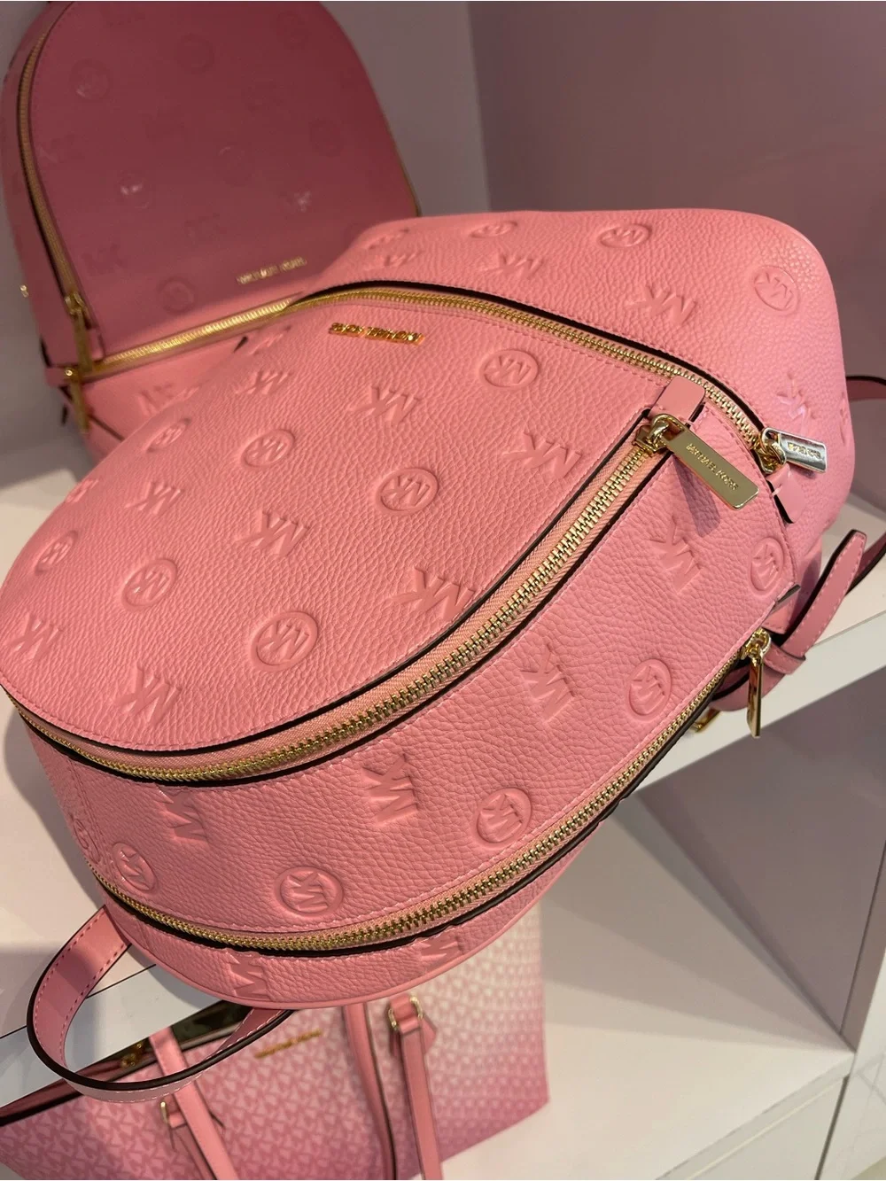 Michael Kors Rhea Medium Zip MK Logo Debossed Backpack Carnation NWT